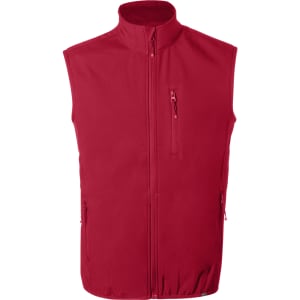 A red vest with a high collar, front zip, and three pockets. It has a logo on it.