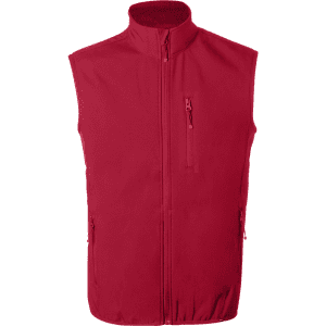 A red vest with a high collar, featuring a front zipper and two side pockets, along with a zippered chest pocket.