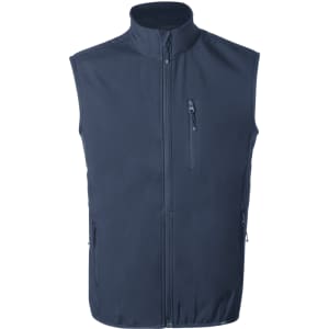 A navy vest featuring a high collar and zippered front, with side pockets and a chest pocket.