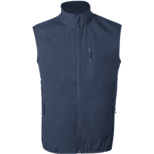 A navy vest with a high collar and zippered front, featuring two side pockets and a chest pocket with a logo.