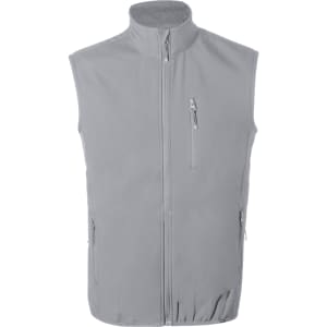 A grey vest with a high collar and front zip, featuring two side pockets and a zipped chest pocket.
