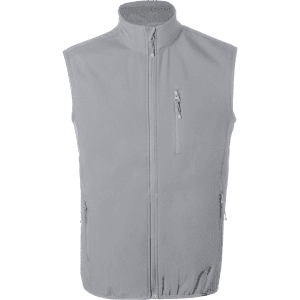 A grey vest with a high collar and zippered pockets, featuring a logo on the chest.