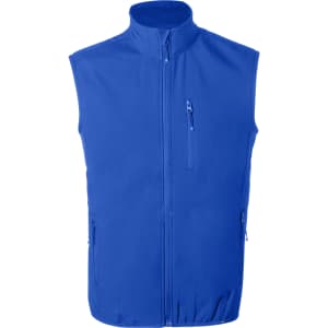 A blue vest featuring a high collar and zippered front, with side and chest pockets. It has a logo.