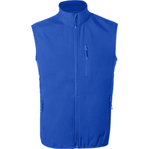 A blue vest with a high collar, featuring a front zip and two side pockets, along with a small zipped pocket.