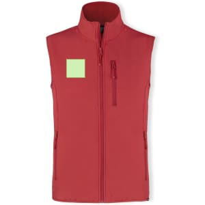 A red vest featuring a high collar, front zipper, and two zippered pockets. It has a square patch on the left side.
