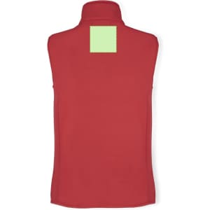 A red vest with a high collar and a blank square area on the back, featuring a logo or branding.