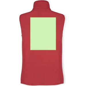 A red sleeveless vest featuring a blank green square section on the back, with a logo on the front.