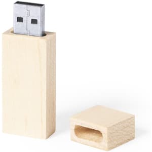 A wooden USB flash drive with a metal connector, featuring a removable wooden cap.