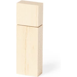 A wooden flash drive with a rectangular shape, featuring a removable square cap at the top.