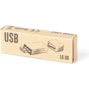 A 16GB USB flash drive in a simple brown cardboard box featuring a USB illustration and a logo.