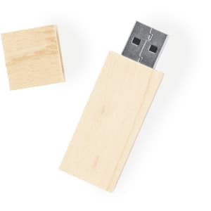 A wooden 16GB USB memory stick with a removable cap, featuring a minimalist design and a metallic connector.