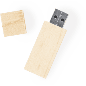 A wooden 16GB USB memory stick with a removable cover, featuring a silver connector.
