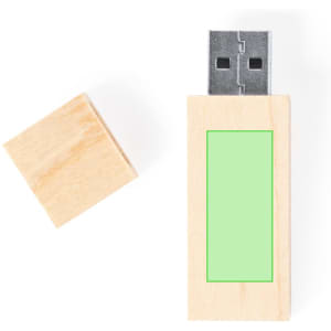 A wooden USB memory stick with a removable cap, featuring a green area, highlighting its 16GB storage capacity.