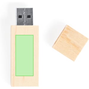 A wooden USB memory stick with a silver connector, featuring a removable cap.