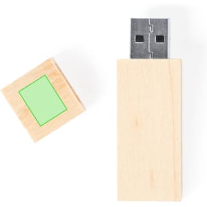 A wooden 16GB USB flash drive with a removable cover, featuring a simple design and silver connector.