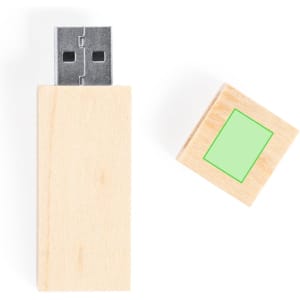 A wooden 16GB USB memory drive with a metal connector, alongside a removable wooden cap.