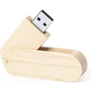 A wooden USB flash drive in a light beige colour, partially pulled out of its case. It features a logo.