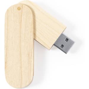A wooden USB memory drive with a silver connector, featuring a simple design and a logo on the surface.