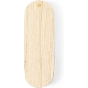 A wooden USB flash drive in a smooth, natural finish. The product has a logo on it and features an oval shape.