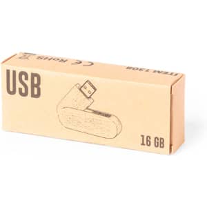 A brown cardboard box containing a 16GB USB flash drive, featuring a simplistic design and a logo.