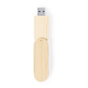 A wooden 16GB USB memory stick with a natural finish and a logo on the casing.