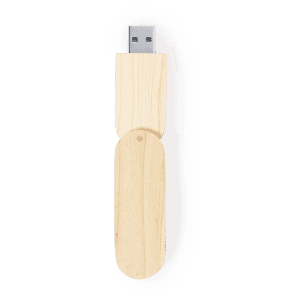 A wooden USB memory stick in a light colour, featuring a metallic connector and a simple, sleek design.