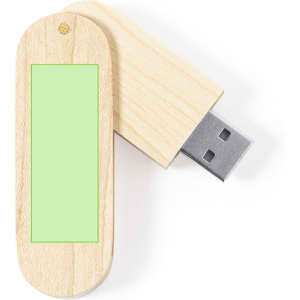 A light wooden USB memory drive with a silver connector and a green area for customisation.