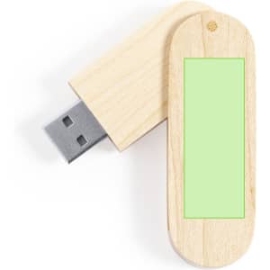 A wooden USB flash drive in natural wood colour, featuring a green section and a metallic USB connector.