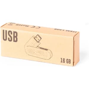A 16GB USB flash drive in a beige box featuring a minimalist design and a logo.