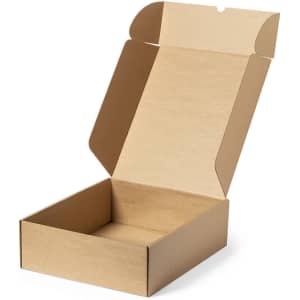 A brown cardboard gift box with a flapped lid, presented in an open position.