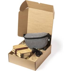 A grey zippered pouch, two wooden containers with straps, and a pair of sunglasses in a kraft gift box.