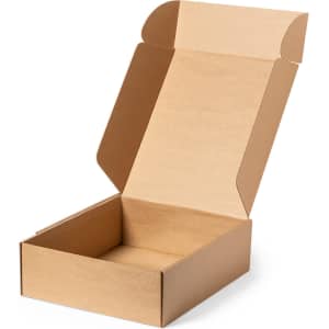 An open brown cardboard gift box with a simple design and no contents.