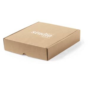 A brown gift box with a logo on top, featuring a smooth surface and a secure folding design.