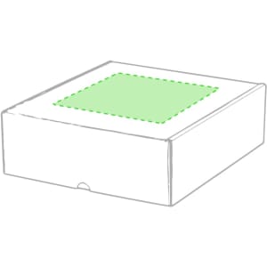 A white gift box with a green design on the lid, featuring a logo.