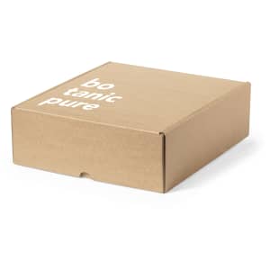 A brown gift box with a sleek design and a logo on one side. It features a tuck-in closure.