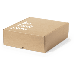 A kraft cardboard gift box with a logo printed in white, featuring a simple rectangular design.