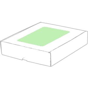 A rectangular gift box with a green top and a plain exterior, featuring a logo.