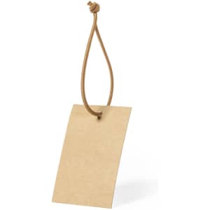A plain brown gift hangtag with a leather-like cord for attachment. Simple and unadorned design.