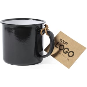 A black enamel mug with a white interior, featuring a tag with a logo. It has a rustic brown handle detail.