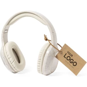 White headphones with a logo tag, featuring a cream ear cushion and a sleek design.