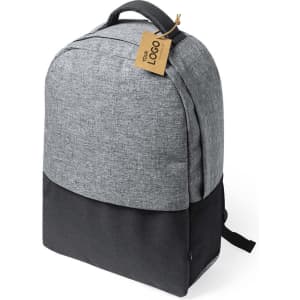 A grey backpack with a black base and a hangtag featuring a logo.