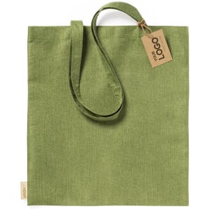 A green canvas bag with a shoulder strap and a hangtag featuring a logo. The fabric has a textured appearance.