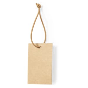 A rectangular kraft paper hangtag with a brown leather strap for attachment, featuring a simple design and no branding.