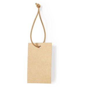 A rectangular kraft paper hangtag with a brown string attachment, designed for use as a luggage tag.