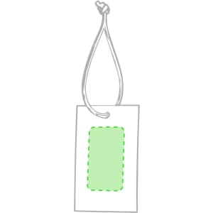 A rectangular luggage tag with a green highlighted area and a hanging string. It has a logo at the top.
