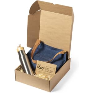A denim tote bag, stainless steel drink bottle, and business card in a brown cardboard box.