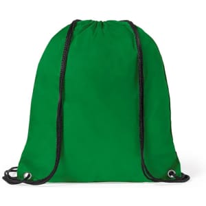 A green drawstring bag with black drawstrings, featuring metal eyelets.