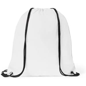 A white drawstring bag with black drawstrings. The bag features a logo but no other visible text or designs.