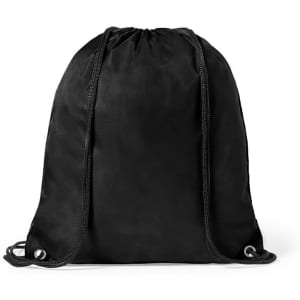 A black drawstring bag with two cords for cinching, featuring a simple design and no visible logos.