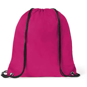 A vibrant pink drawstring bag with black cords and metal eyelets for securing the contents.